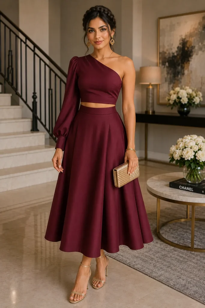 One Shoulder Blouse with Flare Skirt Set for Wedding