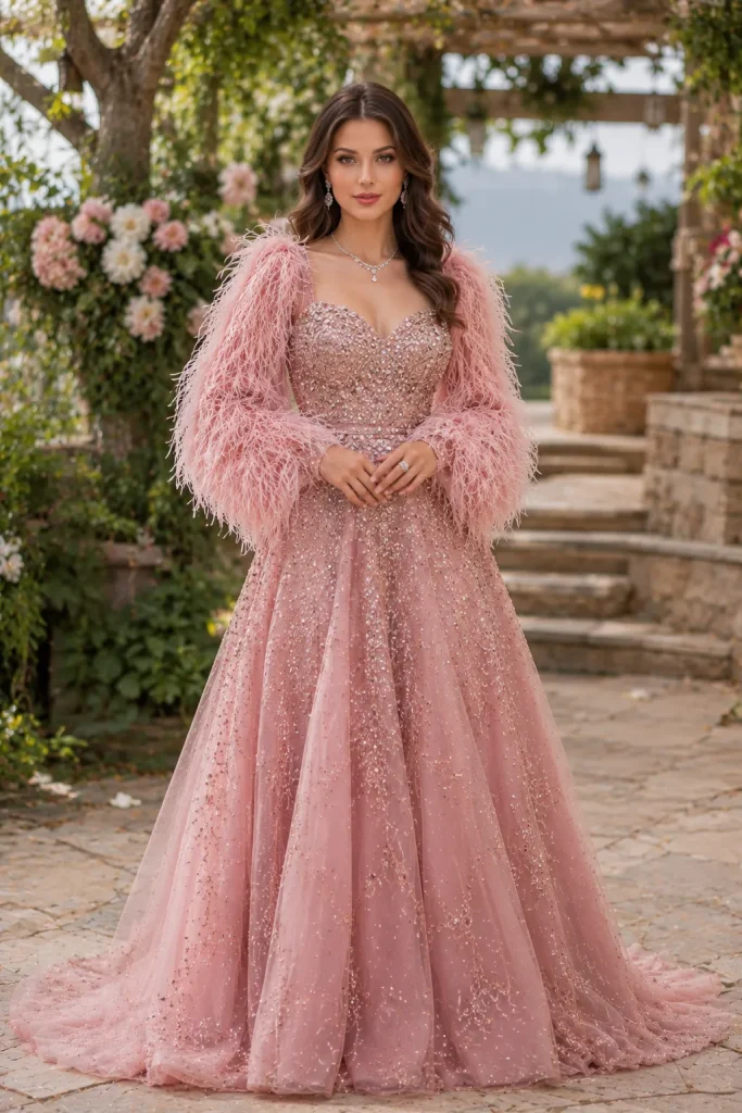 Onion Pink Bridal Gown with Feathered Sleeves