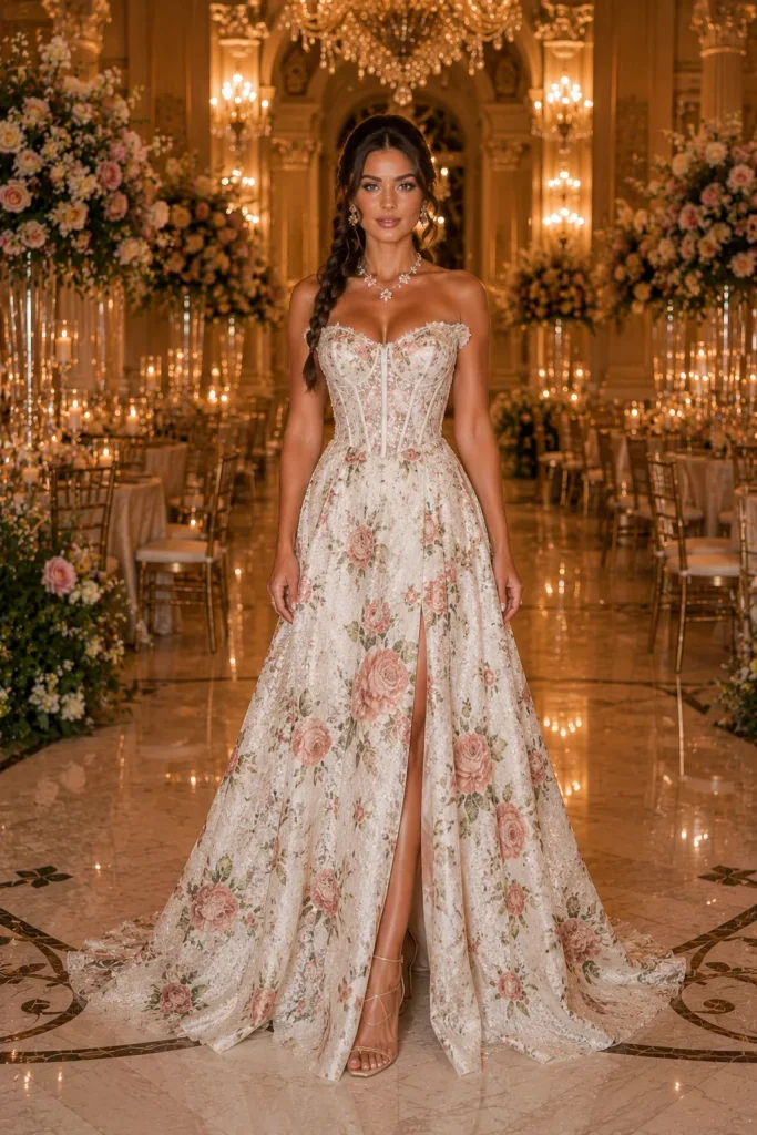21 Elegant Wedding Corset Dresses for Women 15 Queen Neck Long Flower Printed Wedding Corset Dress for Women