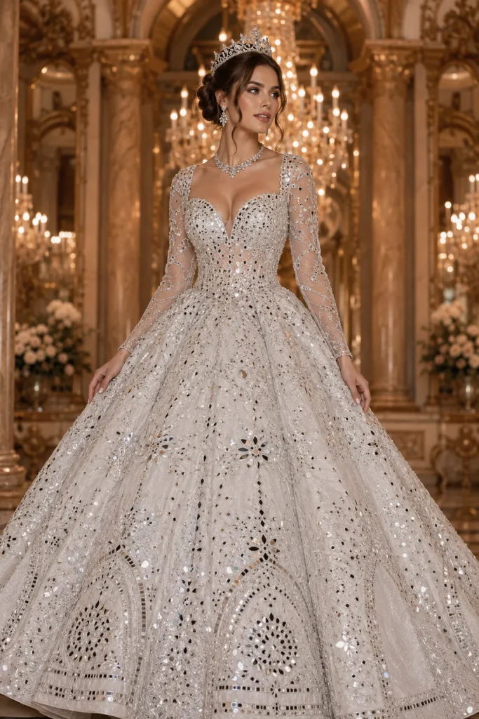 Queen Style Ball Gown Mirror Work Wedding Gown