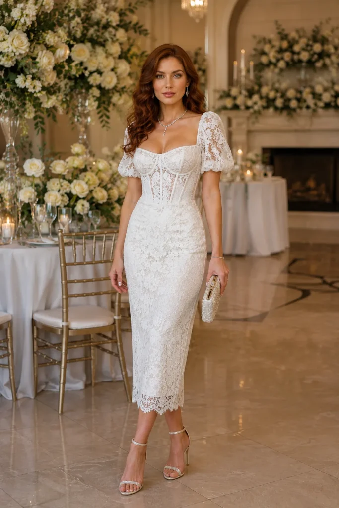 21 Elegant Wedding Corset Dresses for Women 3 Square Neck Half Puff Sleeve Midi Lace Wedding Corset Dress for Women
