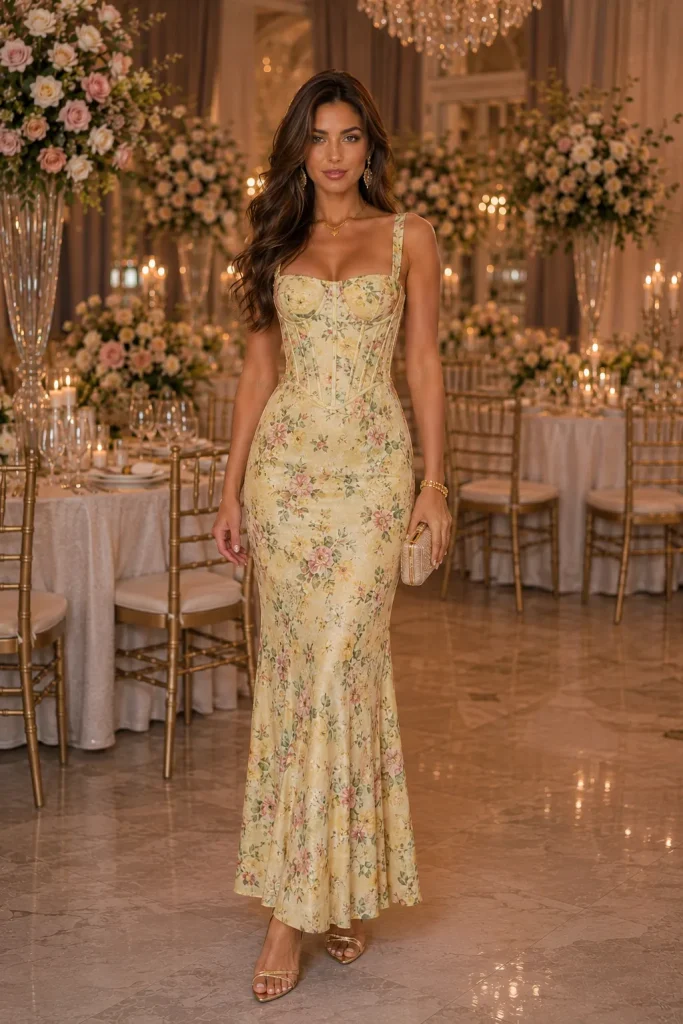 21 Elegant Wedding Corset Dresses for Women 9 Square Neck Long Flower Printed Yellow Wedding Corset Dress for Women