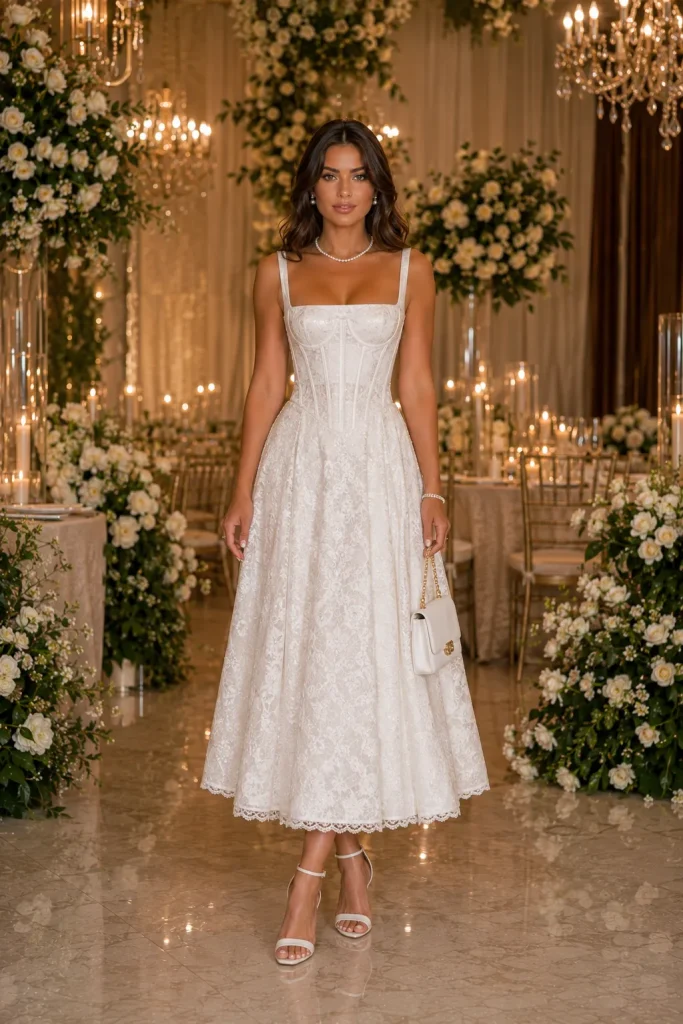 21 Elegant Wedding Corset Dresses for Women 17 Square Neck Midi White Wedding Corset Dress for Women
