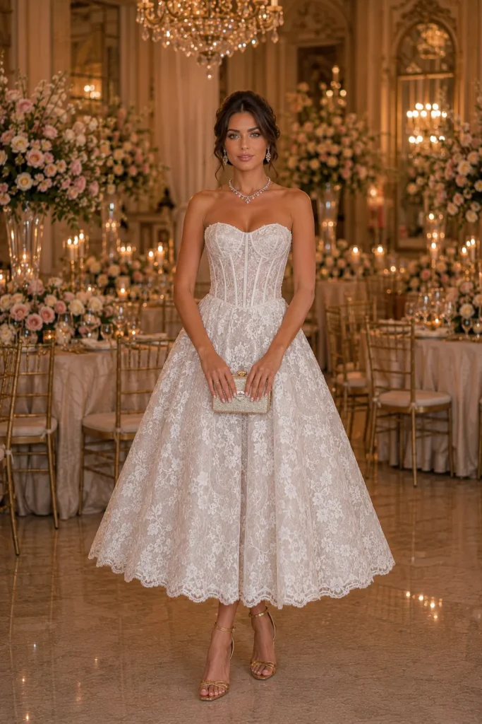 21 Elegant Wedding Corset Dresses for Women 18 Strapless Midi Lace Ball Gown with Golden Ankle Heels