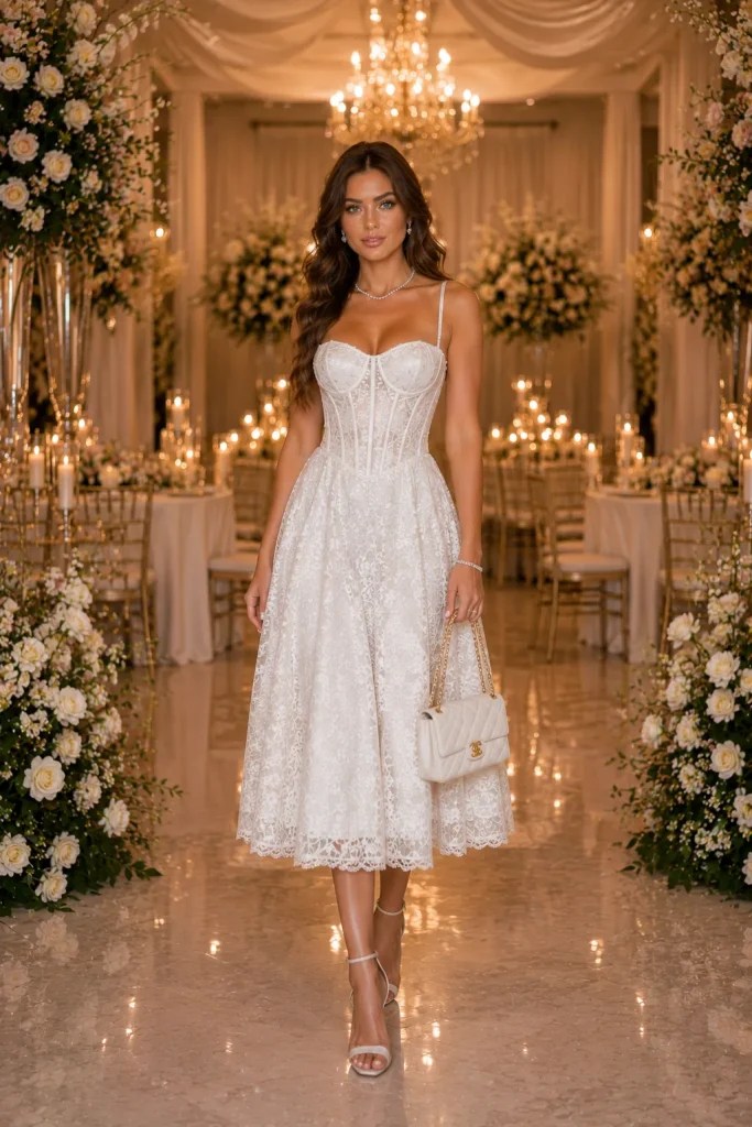 21 Elegant Wedding Corset Dresses for Women 19 Thin Strap Midi White Corset Dress with Heels