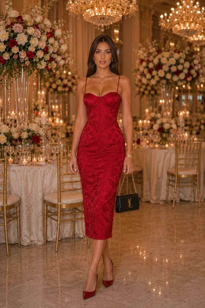 21 Elegant Wedding Corset Dresses for Women 13 Thin Strap Red Midi Corset Dress with Pumps