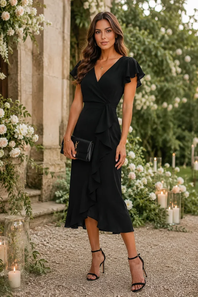 V Neck Ruffle Sleeve Midi Black Dress with Ankle Heels