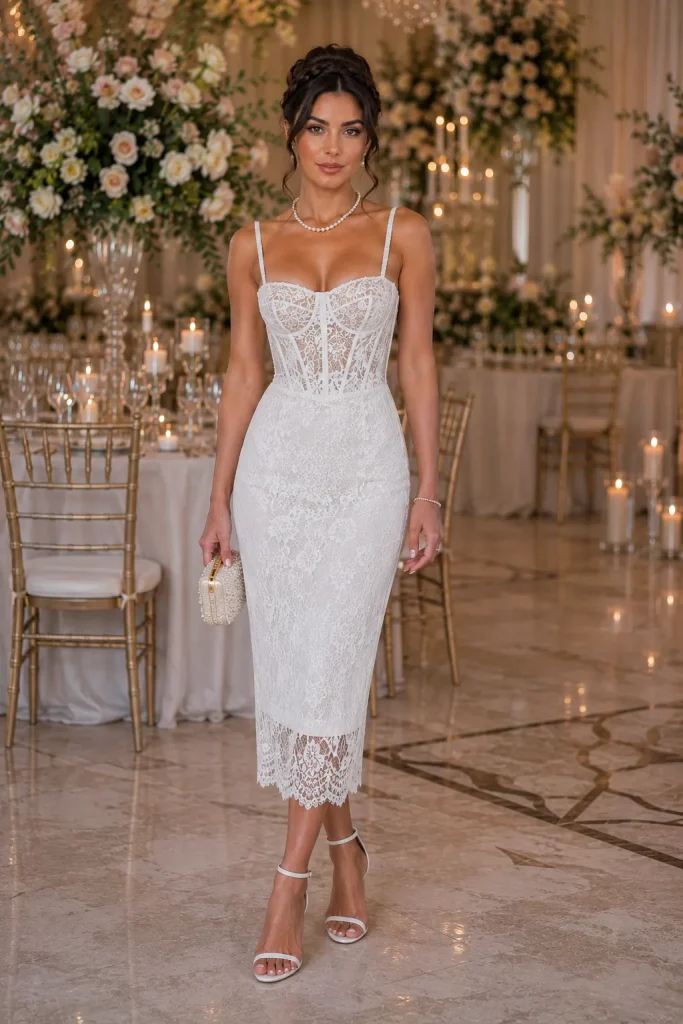 21 Elegant Wedding Corset Dresses for Women 6 White Midi Corset Lace Dress with Ankle Heels