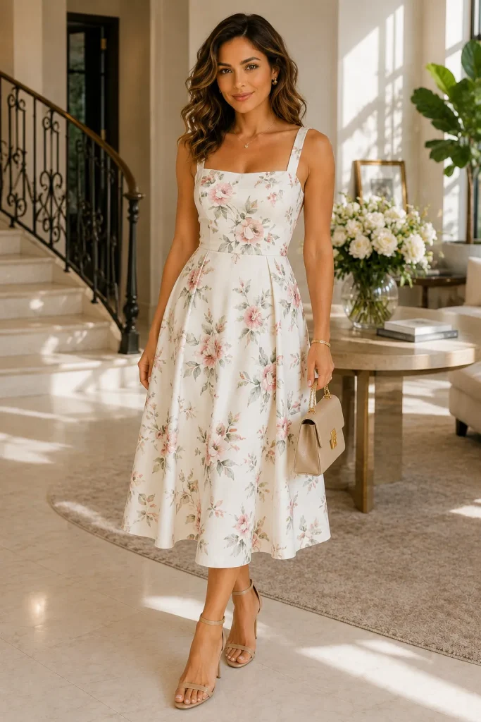 White Printed Midi Dress for Wedding