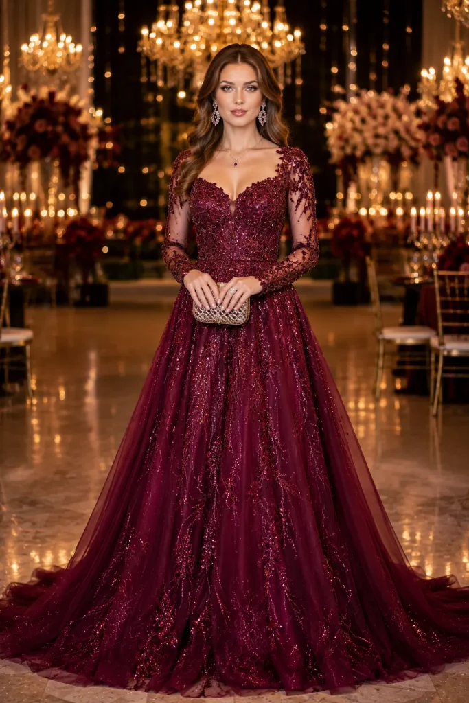 Wine Sequins Net Wedding Gown